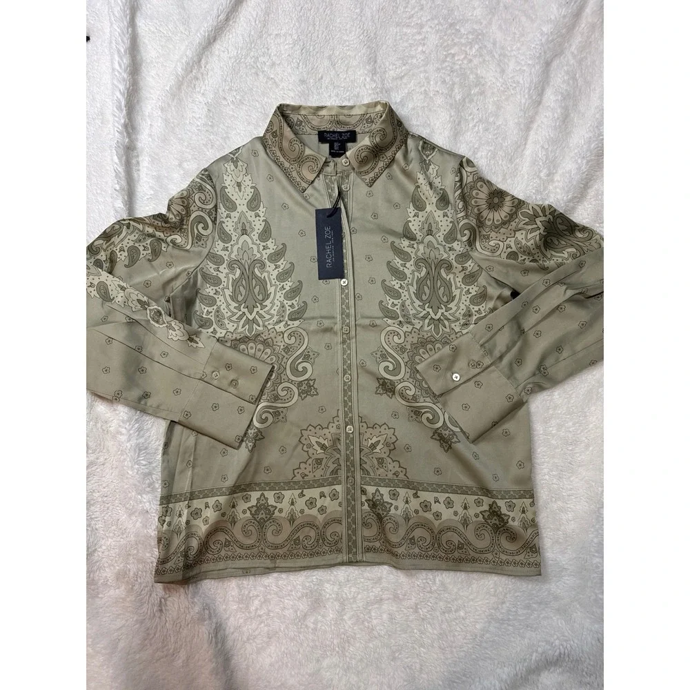Rachel Zoe Paisley Button Down Blouse Womens Small Sage Green NWT Long Sleeve - Picture 1 of 5